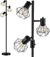 Black floor lamp with geometric wire cage shades on a white background